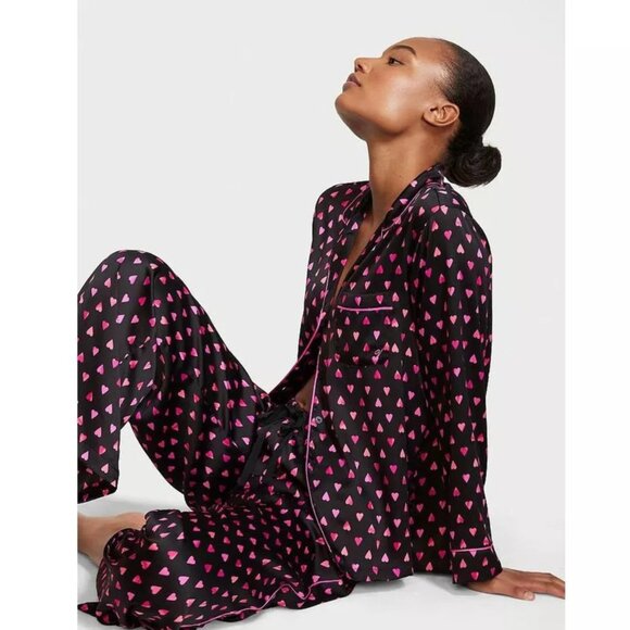 Victoria’s Secret Black Pink Heart Satin Pajama Set - 35783 - Picture 1 of 16